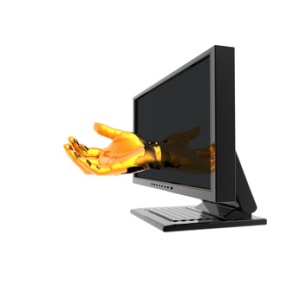 Computer screen with hand isolated on white background
